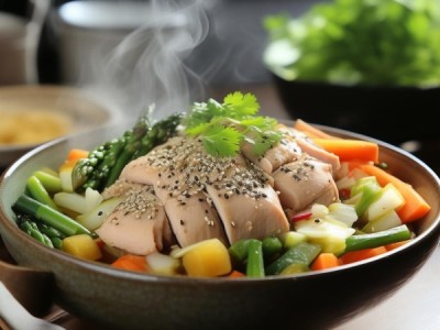 月子餐鸡肉加酱油、生抽、蒜末、辣椒、香菜、香葱、西兰花、胡萝卜、菠菜等蔬菜和青豆，味道鲜美，营养均衡。